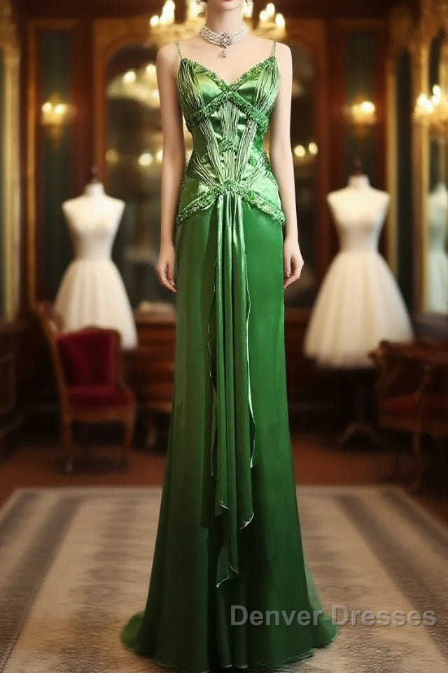 Green Spaghetti Strap Sheath Satin Beaded Prom Dress Evening Gown Main image