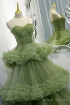 Green Spaghetti Straps Tulle Layers Long Formal Dress, Green Evening Party Dress