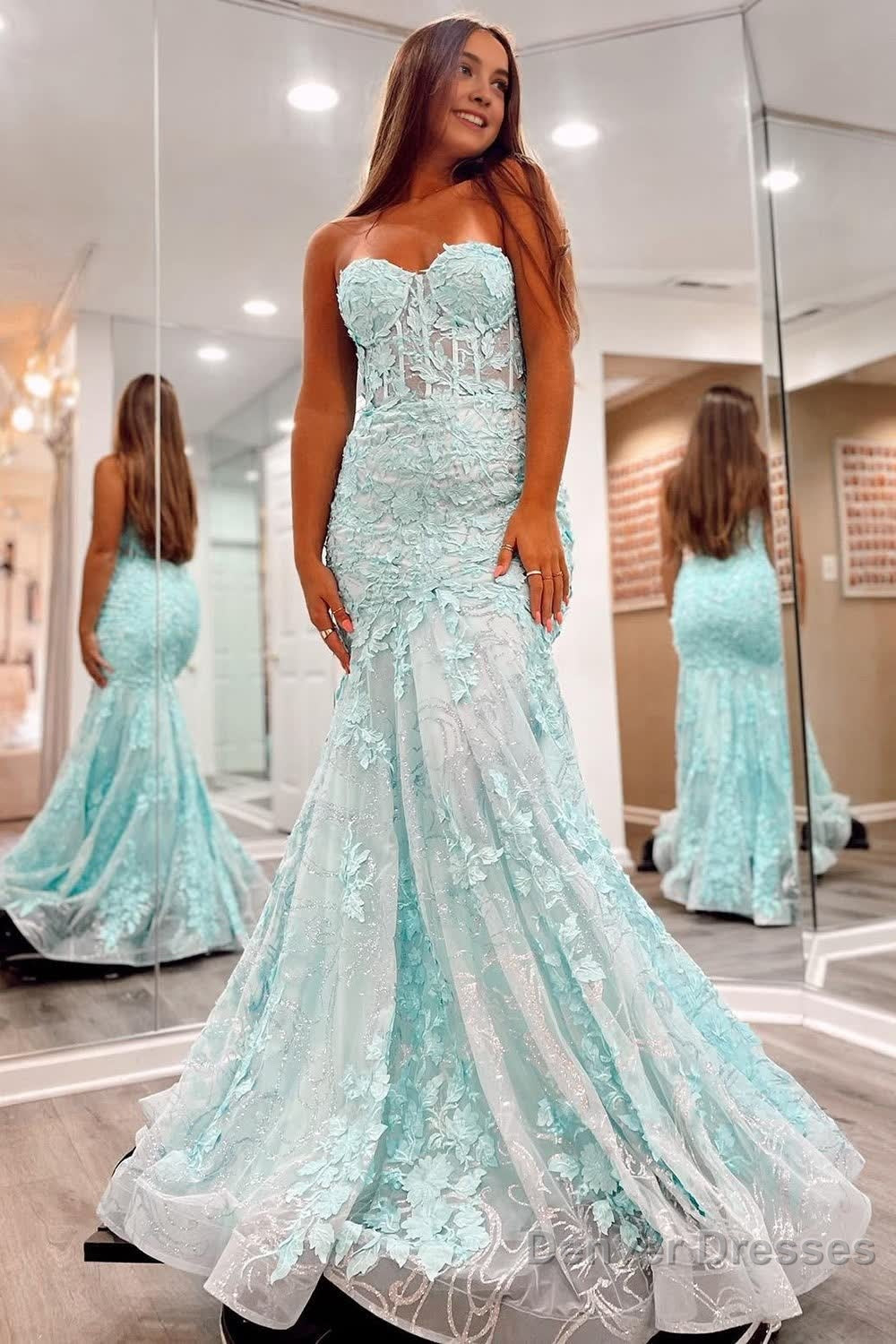 Green Strapless Mermaid Corset Prom Dress with Appliques Main image