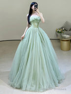 Green Strapless Tulle Floor Length Prom Dress, Beautiful Green Evening Dress