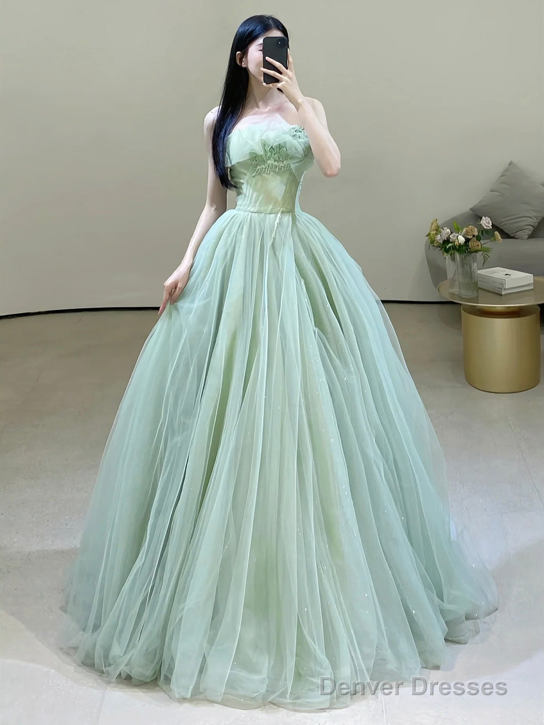 Green Strapless Tulle Floor Length Prom Dress, Beautiful Green Evening Dress