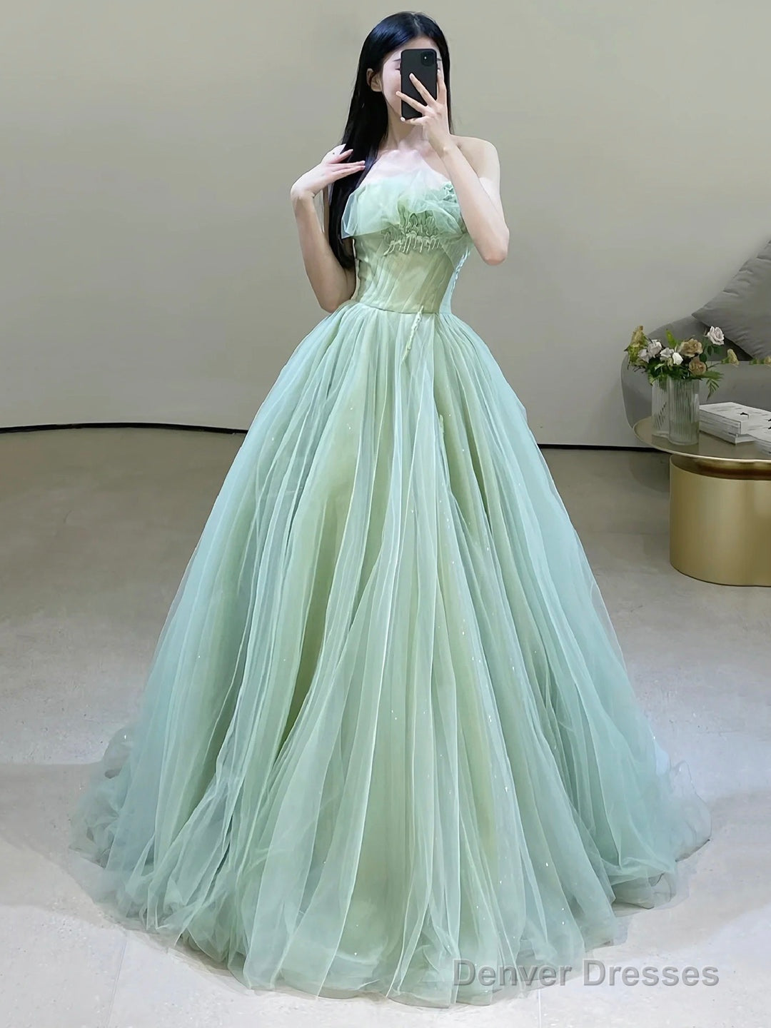 Green Strapless Tulle Floor Length Prom Dress, Beautiful Green Evening Dress