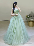 Green Strapless Tulle Floor Length Prom Dress, Beautiful Green Evening Dress