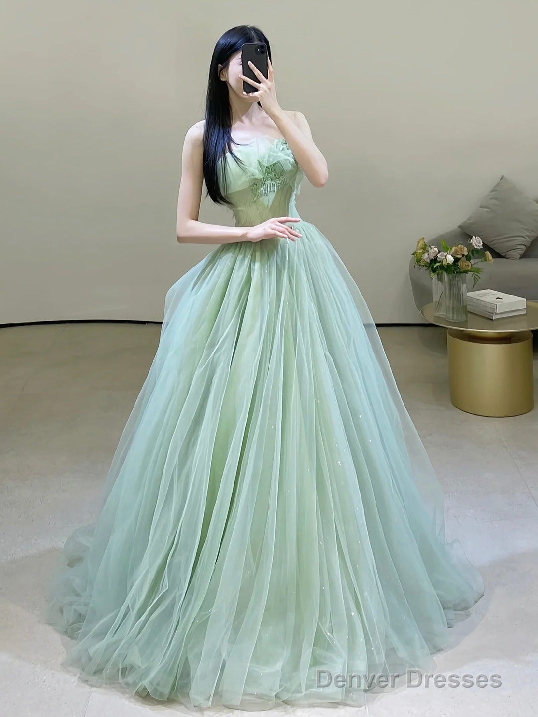 Green Strapless Tulle Floor Length Prom Dress, Beautiful Green Evening Dress