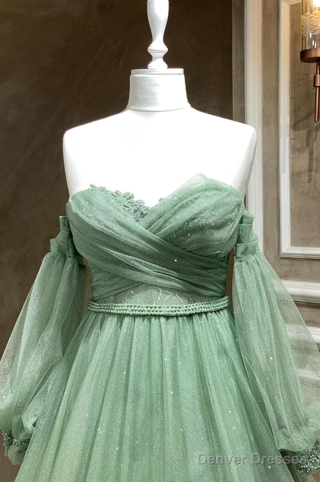 Green Strapless Tulle Long Sleeve Prom Dress, Green A-Line Evening Party Dress Secondary image