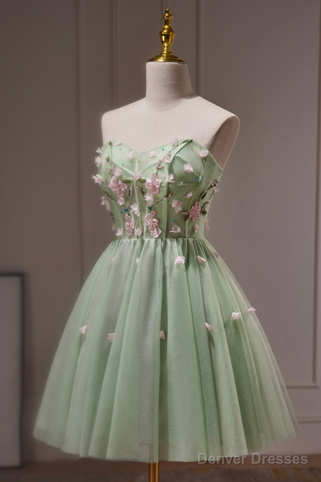 Green Strapless Tulle Short Prom Dress with Lace, Green Party Dress Main image