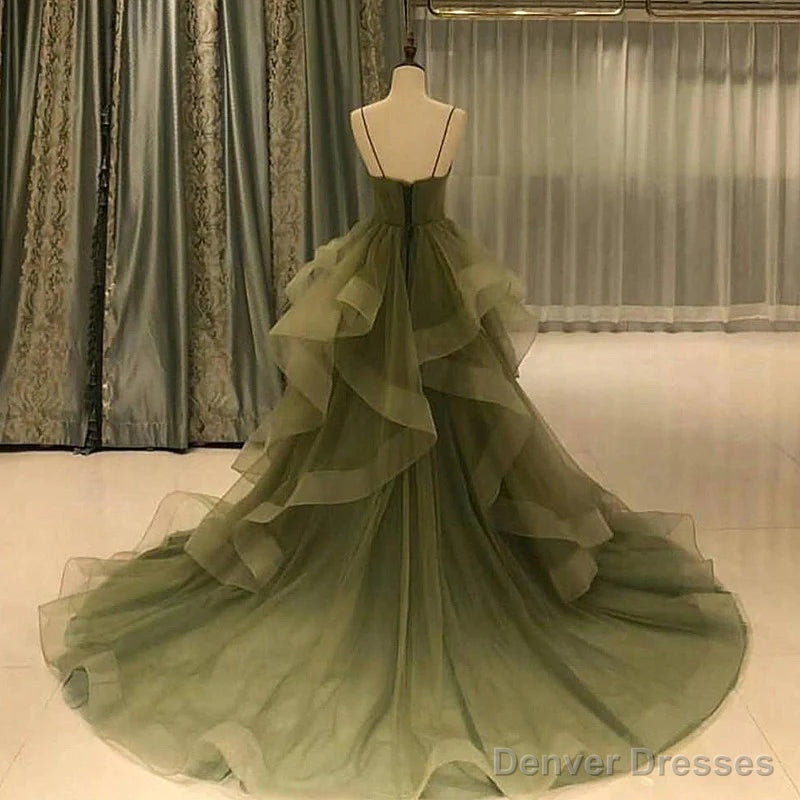 Green Straps Sweetheart Tulle Long Evening Dress, Green Layers Tulle Prom Dress