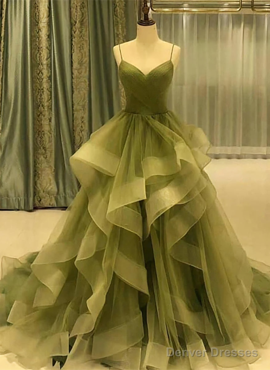 Green Straps Sweetheart Tulle Long Evening Dress, Green Layers Tulle Prom Dress Main image