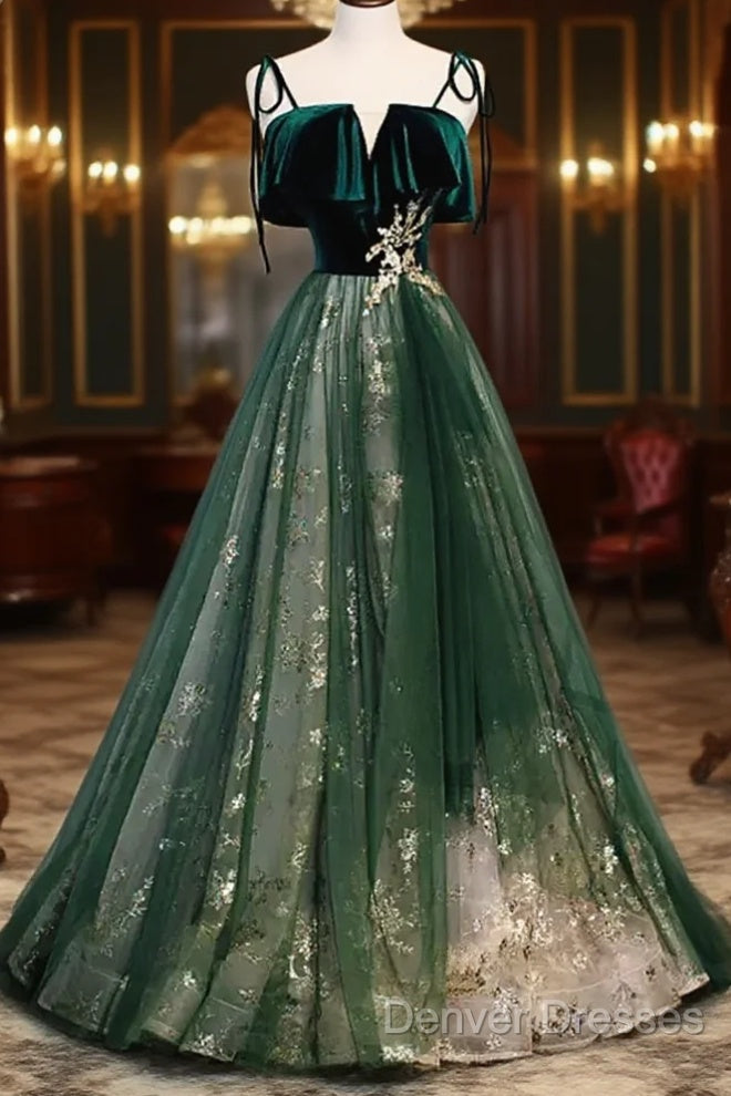 Green Straps Velvet Long Lace Prom Dress Main image