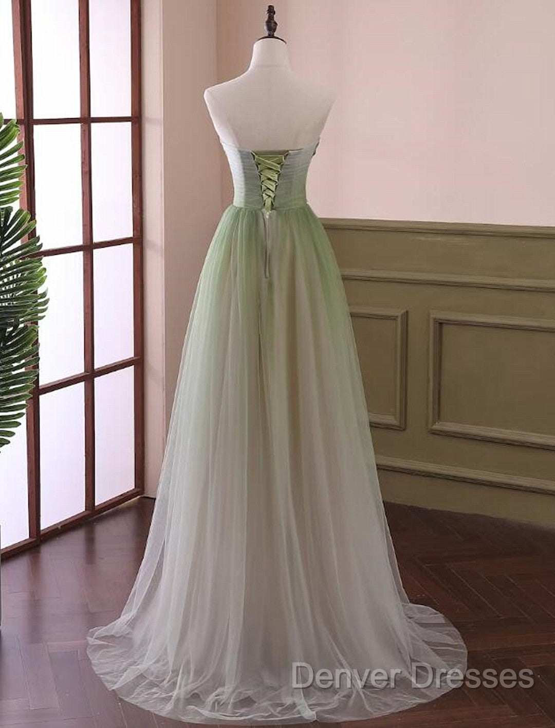 Green Sweetheart Gradient Beaded Tulle Floor Length Party Dress, Green Junior Prom Dress Secondary image