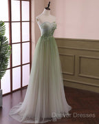 Green Sweetheart Gradient Beaded Tulle Floor Length Party Dress, Green Junior Prom Dress