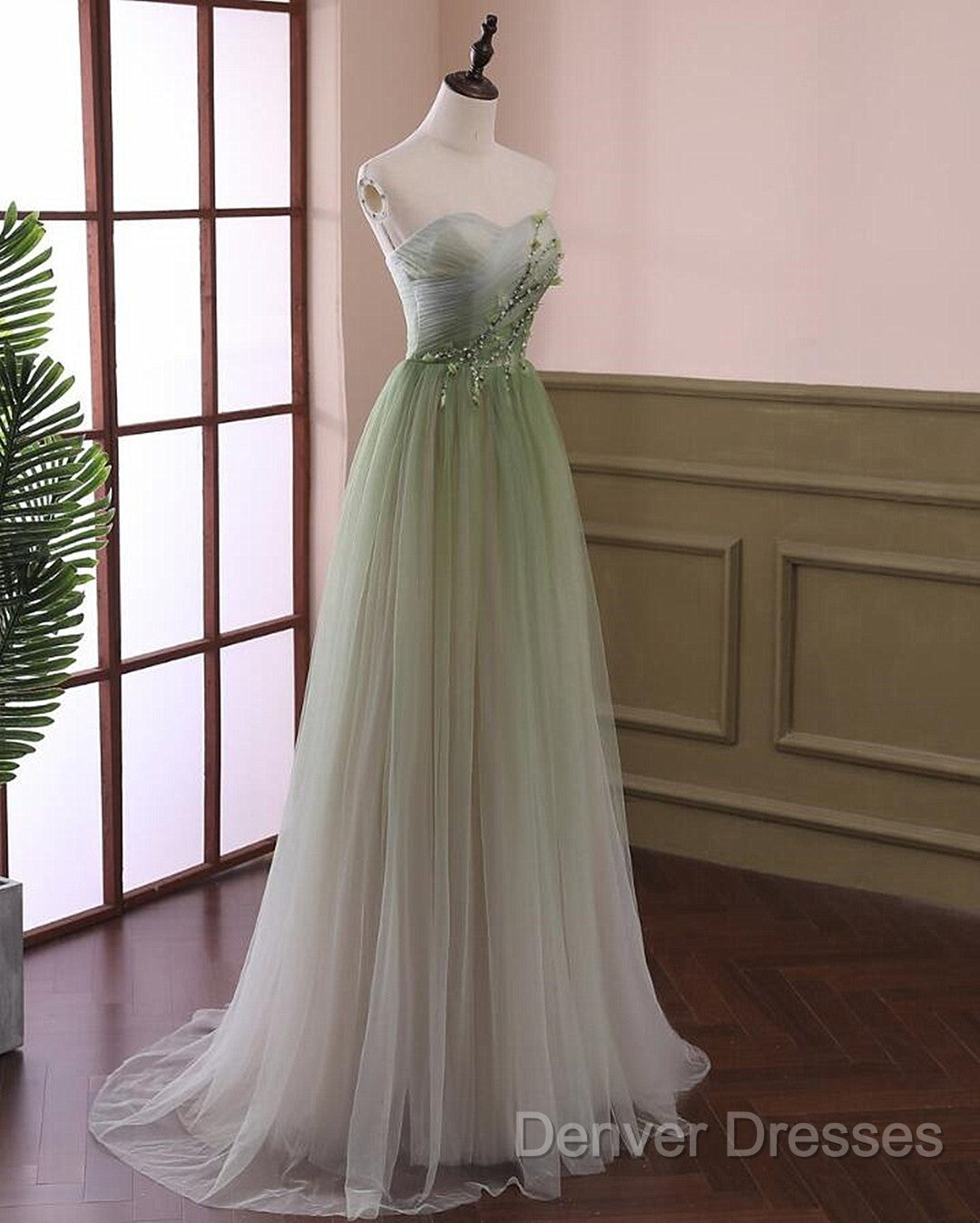 Green Sweetheart Gradient Beaded Tulle Floor Length Party Dress, Green Junior Prom Dress