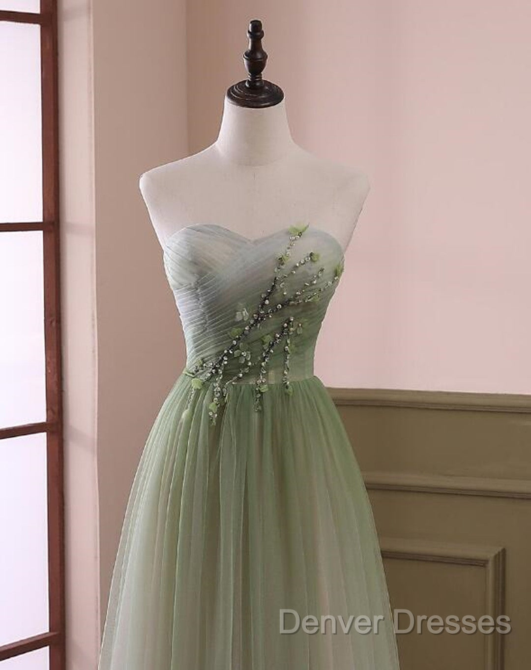 Green Sweetheart Gradient Beaded Tulle Floor Length Party Dress, Green Junior Prom Dress