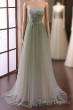 Green Sweetheart Gradient Beaded Tulle Floor Length Party Dress, Green Junior Prom Dress