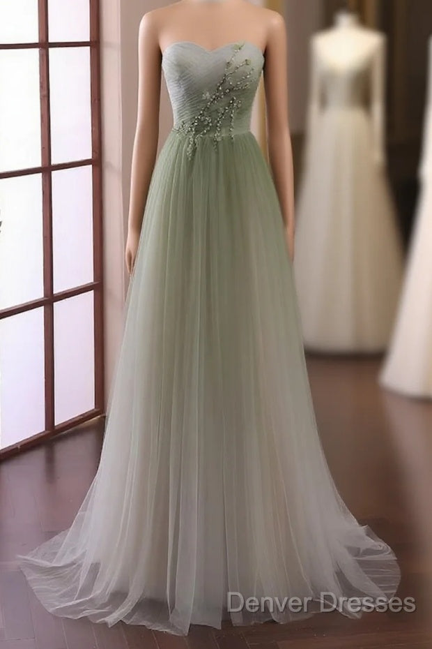 Green Sweetheart Gradient Beaded Tulle Floor Length Party Dress, Green Junior Prom Dress