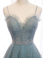 Green Sweetheart Neck Tulle Sequin Long Prom Dress Green Evening Dress