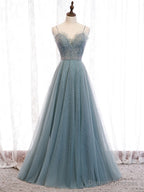 Green Sweetheart Neck Tulle Sequin Long Prom Dress Green Evening Dress