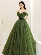 Green Sweetheart Shiny Tulle Off Shoulder Party Dress, Green Long Prom Dress