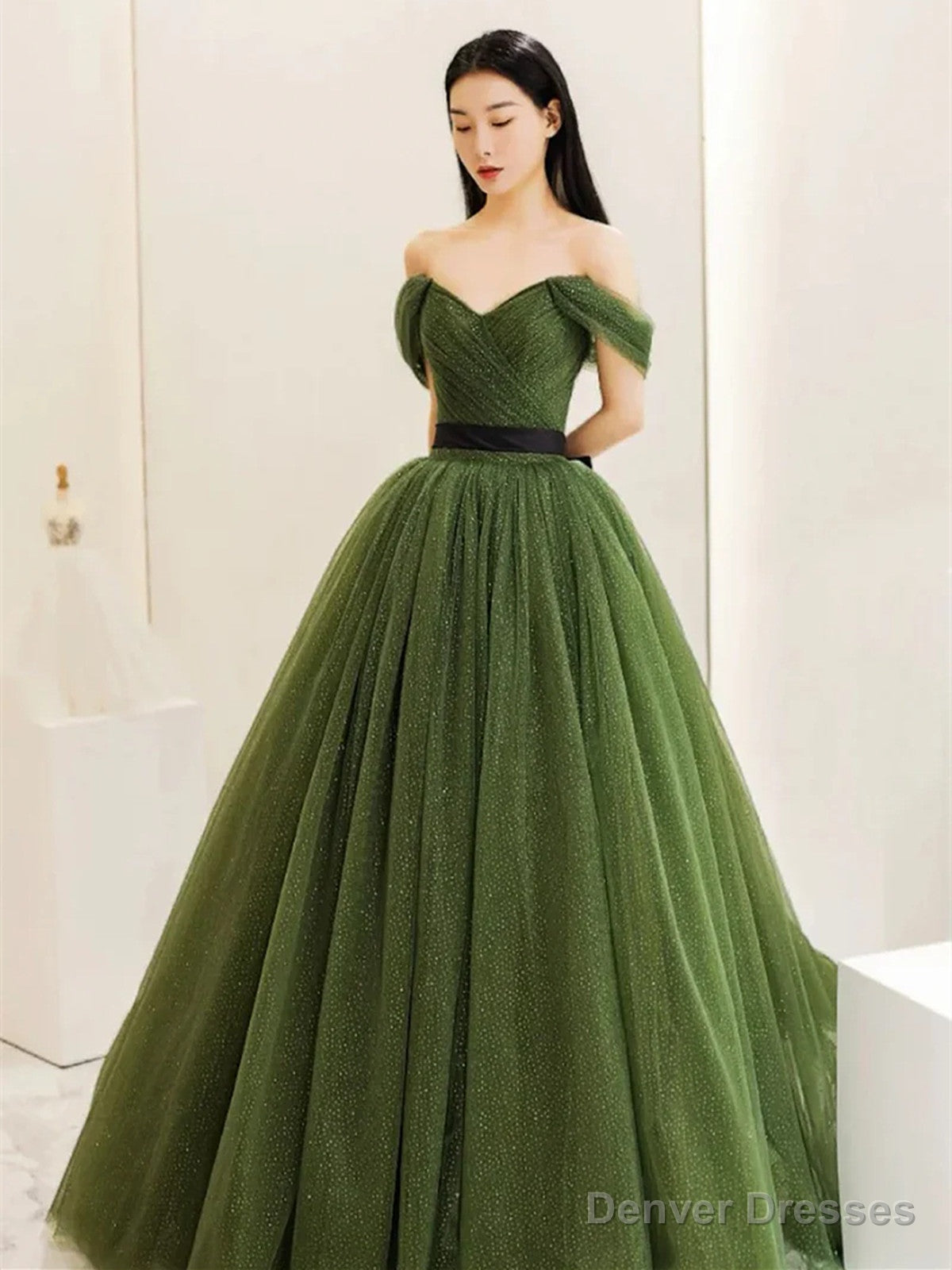 Green Sweetheart Shiny Tulle Off Shoulder Party Dress, Green Long Prom Dress