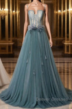 Green sweetheart tulle lace long prom Dress green formal Dress