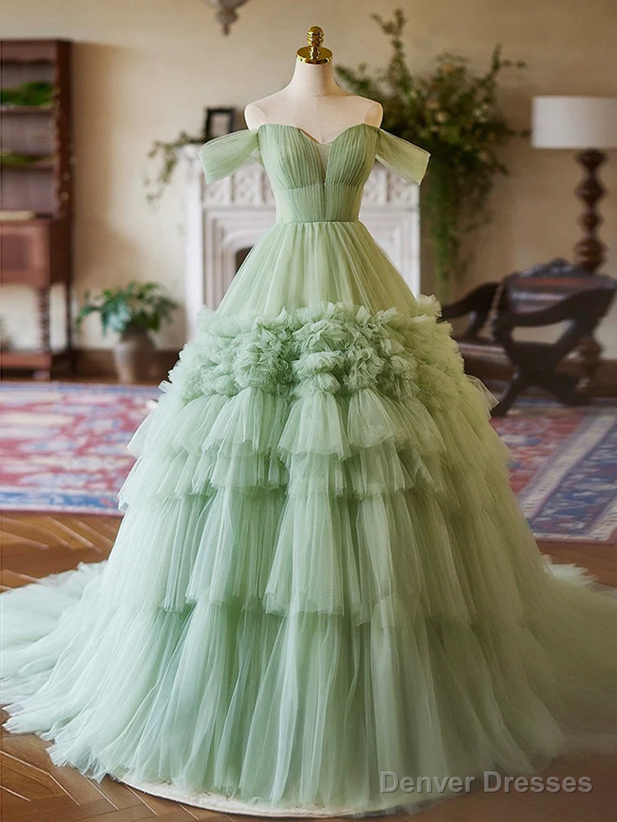 Green Sweetheart Tulle Off Shoulder Layers Long Formal Dress, Green Sweet 16 Dress Main image