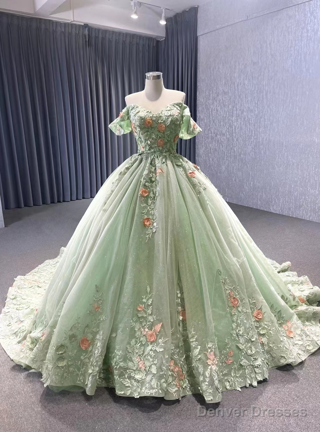 Green Tulle 3D Flower Off the Shoulder Prom Dress Main image