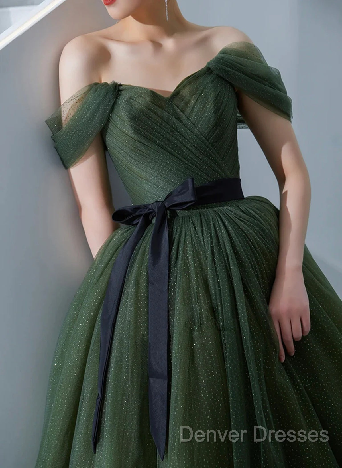 Green Tulle A-Line Off Shoulder Prom Dress, Green Tull Long Formal Dress Evening Dress Secondary image