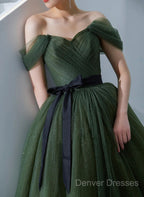 Green Tulle A-Line Off Shoulder Prom Dress, Green Tull Long Formal Dress Evening Dress