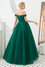 Tulle A line Off Shoulder Sweetheart Beaded Bodice Long Prom Dresses