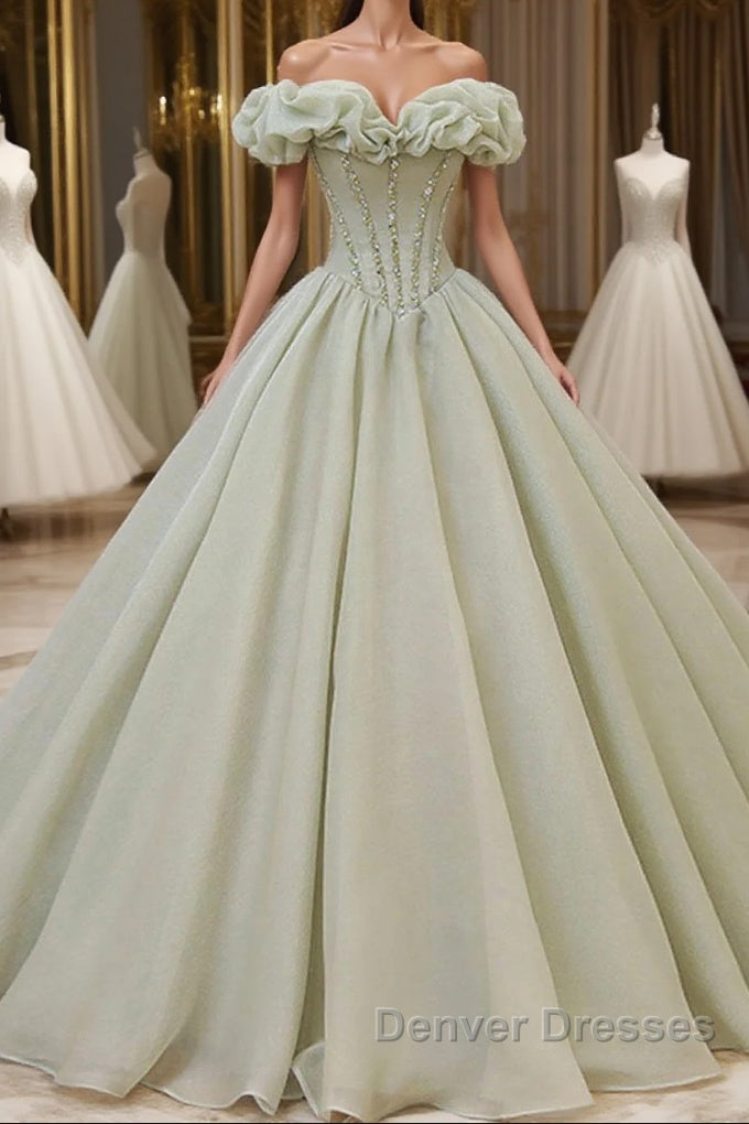 Green Tulle Beading Long Prom Dress, Green Formal Graduation Dress