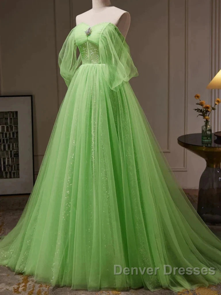 Green Tulle Beading Off Shoulder Sparkle Prom Dress