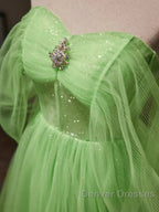 Green Tulle Beading Off Shoulder Sparkle Prom Dress