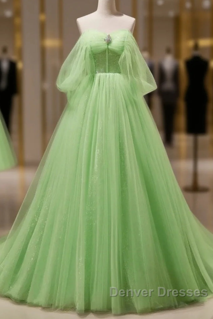 Green Tulle Beading Off Shoulder Sparkle Prom Dress