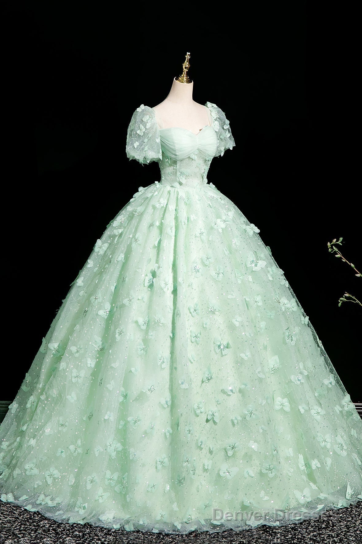 Green Tulle Butterfly Long A-Line Prom Dress, Beautiful Short Sleeve Evening Dress Secondary image