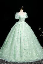 Green Tulle Butterfly Long A-Line Prom Dress, Beautiful Short Sleeve Evening Dress