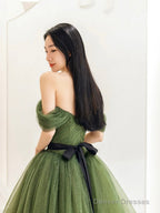 Green Tulle Floor Length Prom Dress, Lovely Off The Shoulder Evening Party Dress