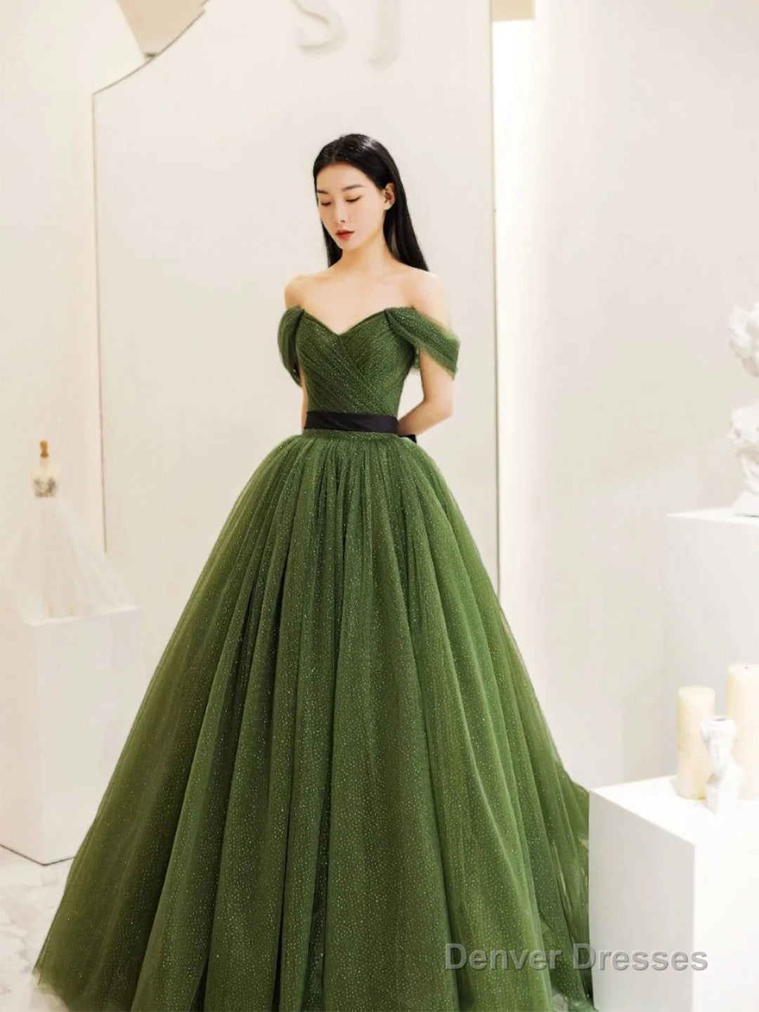 Green Tulle Floor Length Prom Dress, Lovely Off The Shoulder Evening Party Dress Main image