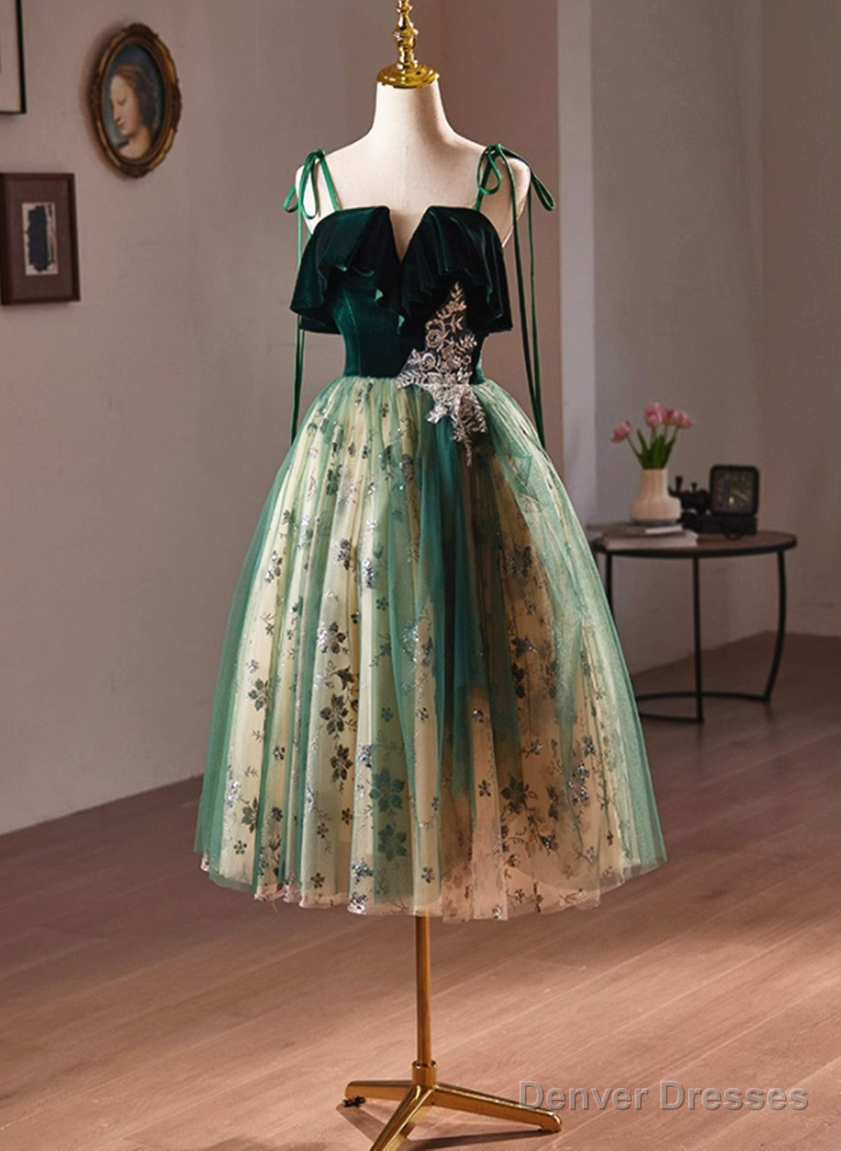 Green Tulle Knee Length Straps Homecoming Dress, Green Homecoming Dress Main image