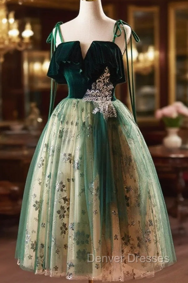 Green Tulle Knee Length Straps Homecoming Dress, Green Homecoming Dress Main image