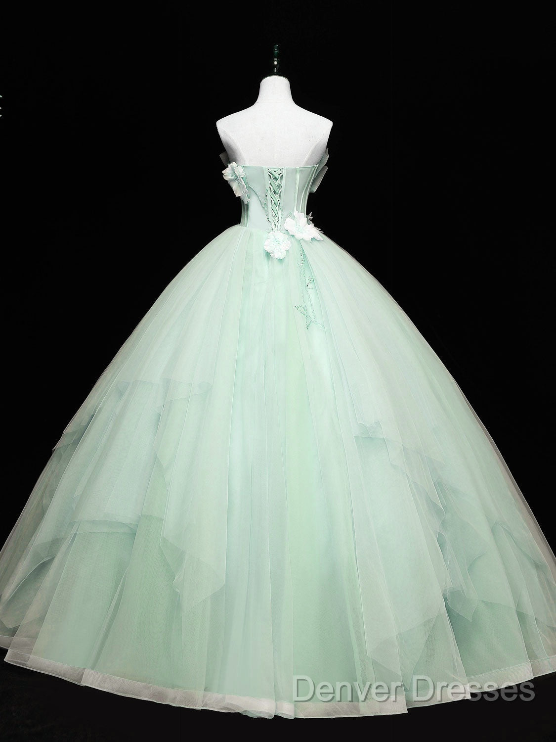 Green Tulle Lace Applique Long Prom Dress, Green Sweet 16 Dress