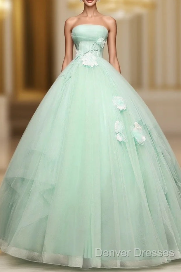 Green Tulle Lace Applique Long Prom Dress, Green Sweet 16 Dress Main image