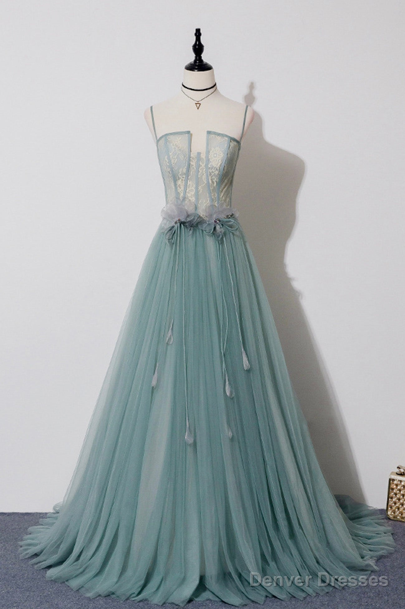 Green Tulle Lace Long A-Line Prom Dress, Spaghetti Strap Evening Dress Secondary image