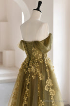 Green Tulle Lace Long Prom Dress, A-Line Off the Shoulder Evening Dress