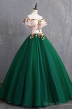 Green Tulle Lace Long Prom Dress, Cute Off Shoulder Evening Dress Party Dress