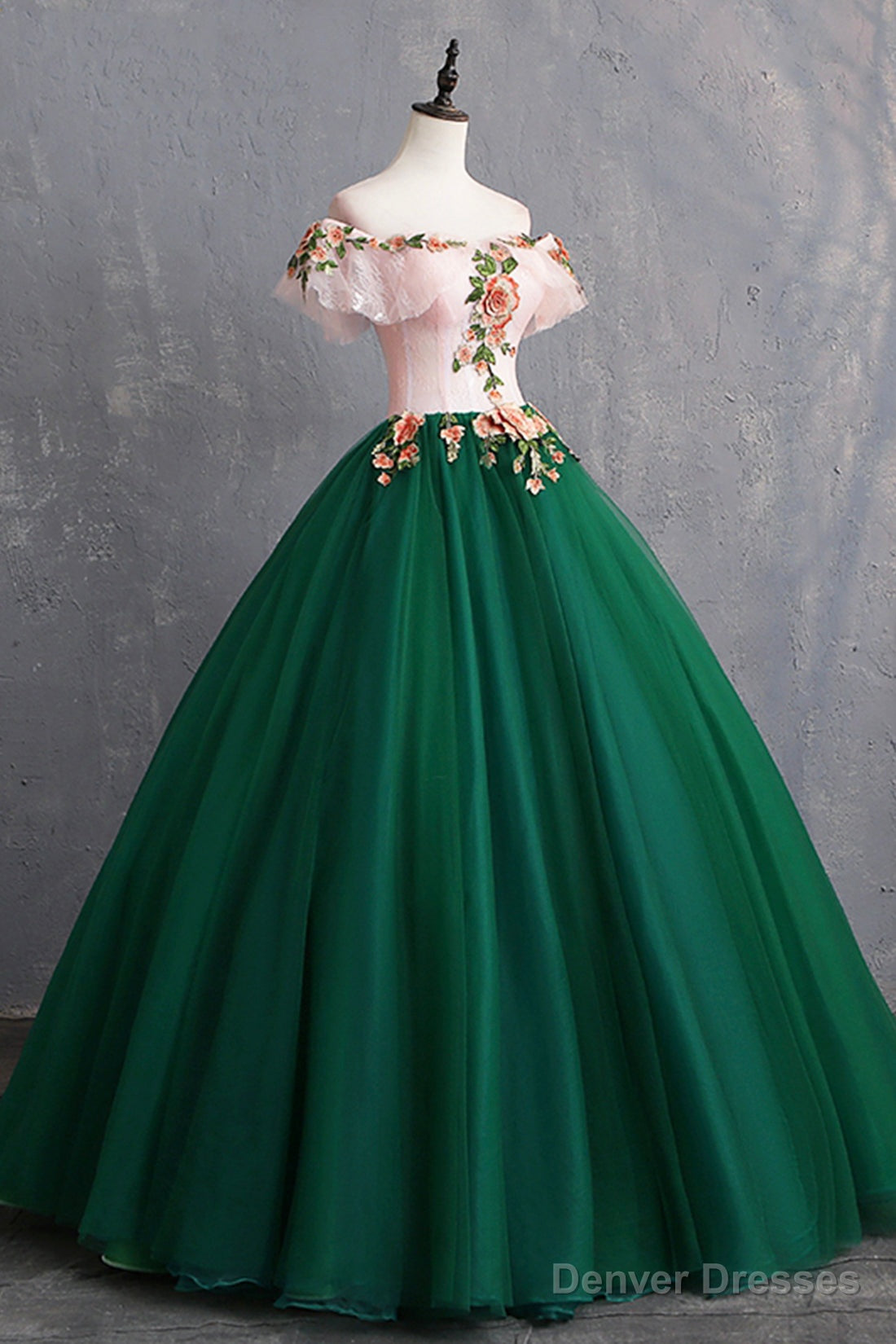 Green Tulle Lace Long Prom Dress, Cute Off Shoulder Evening Dress Party Dress