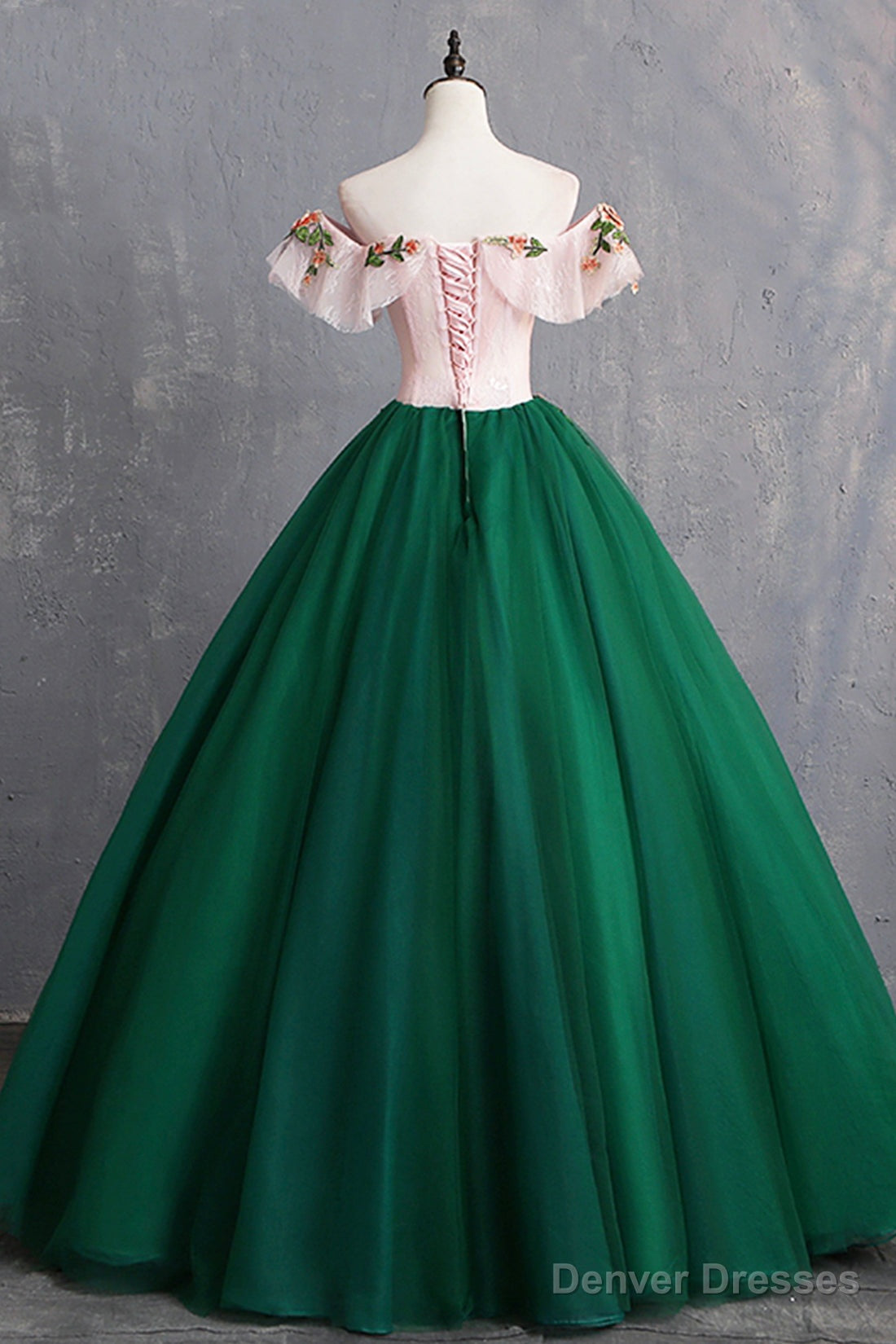 Green Tulle Lace Long Prom Dress, Cute Off Shoulder Evening Dress Party Dress