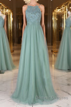 Green tulle lace long prom Dress green lace evening Dress