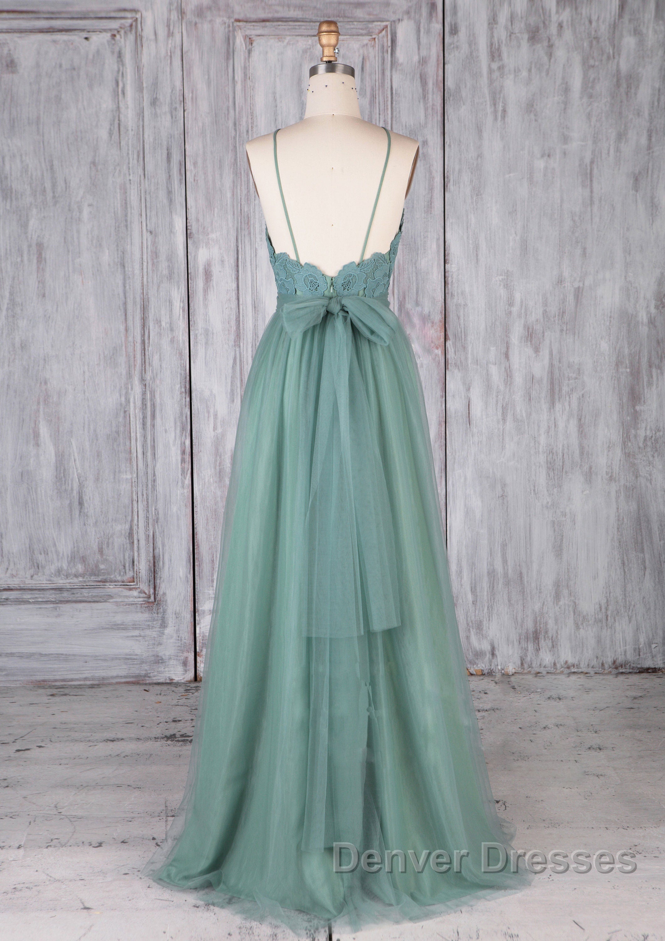 Green tulle lace long prom Dress green lace evening Dress