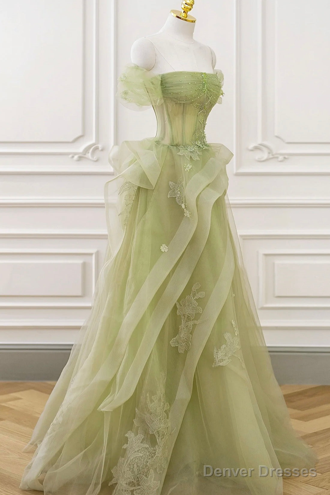 Green Tulle Lace Long Prom Dress with Corset, Green Formal Party Dress Main image