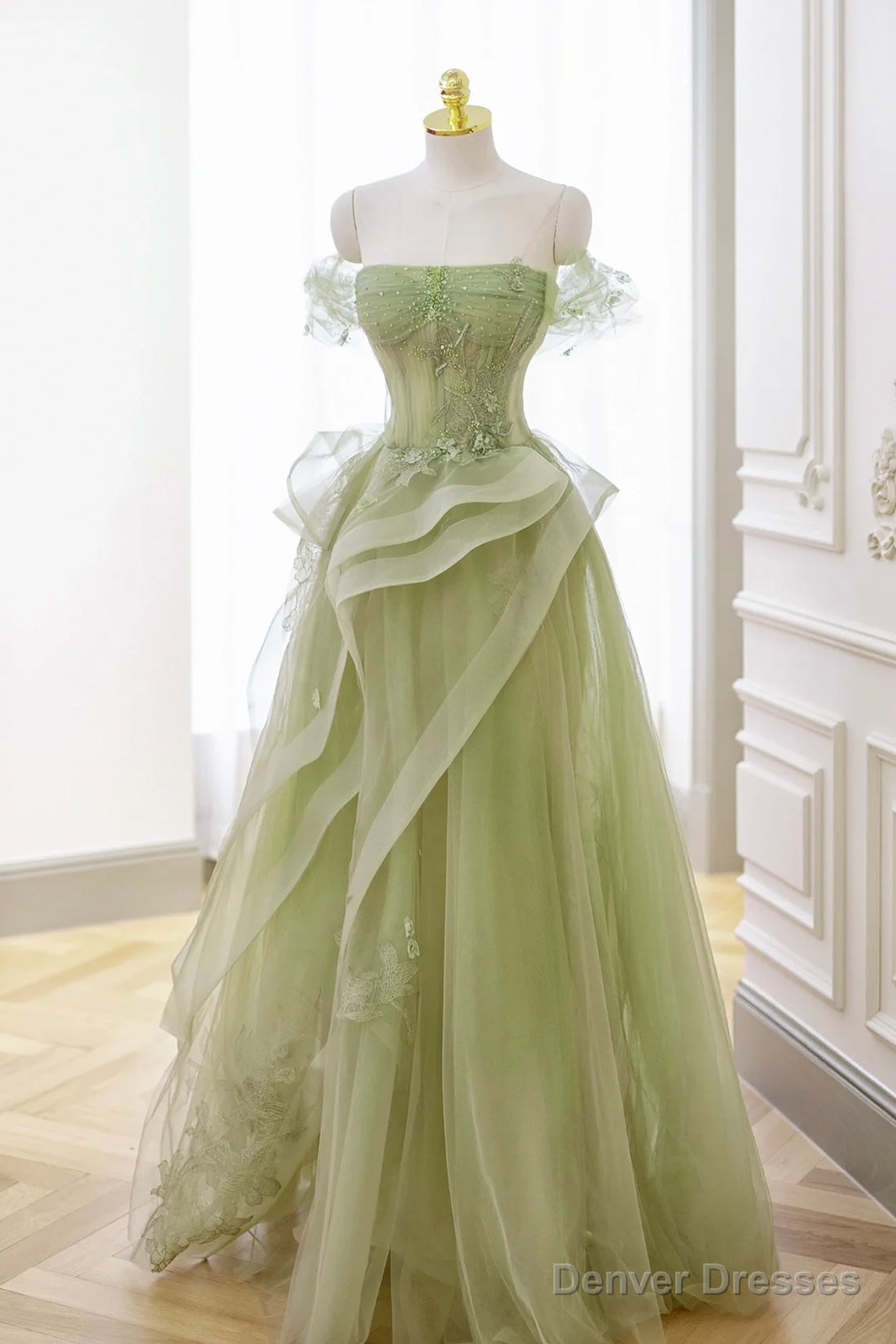 Green Tulle Lace Long Prom Dress with Corset, Green Formal Party Dress
